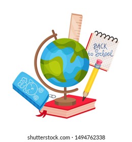 School composition from the globe, books and the inscription Back to school. Vector illustration on a white background.