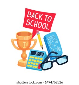 School composition of a golden cup, calculator and the inscription Back to school. Vector illustration on a white background.