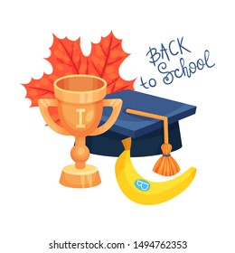 School composition of scientist hats, winner cup and the inscription Back to school. Vector illustration on a white background.