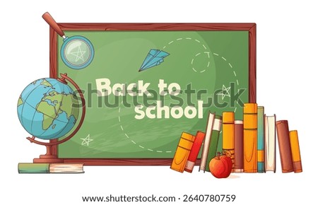 School composition of vector illustration of desk with globe, standing books, magnifying glass isolated on white. Concept of back to school, studying and education.