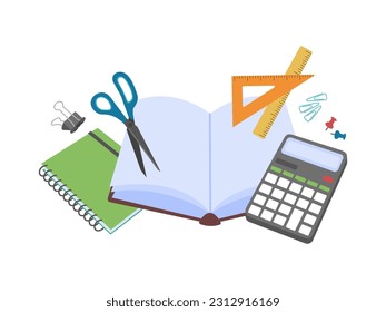 School composition vector illustration. School supply flat design. Office elements - stationery and school supplies. Back to school. Book and calculator, scissors and ruler, etc. Standard stationery. 