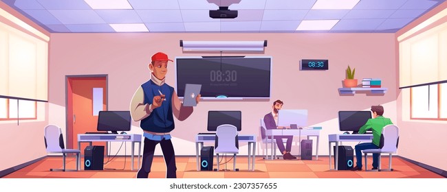 School computer education class room with teacher and student vector background illustration. College digital classroom with desk, chair, pc, blackboard screen and projector for study and training