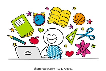 School concept with cartoon stickman working on laptop. Vector.