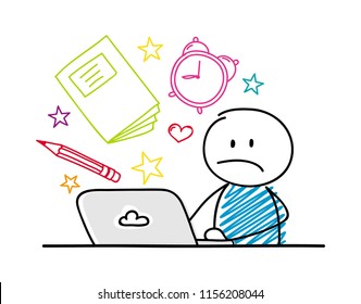 School concept with cartoon stickman working on laptop. Vector.