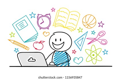 School concept with cartoon stickman working on laptop. Vector.