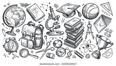 School concept. Collection of education items. Hand drawn sketch doodle vector illustration