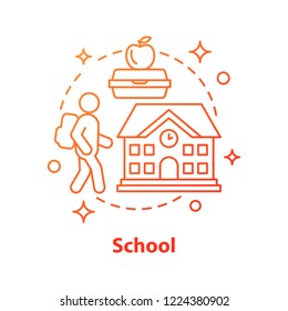 School concept icon. Education idea thin line illustration. Student, lunchbox, school building. Vector isolated outline drawing