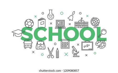 SCHOOL. Concept with icons and signs.
