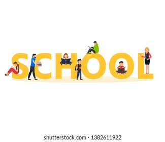 School concept illustration. Students Boy and Girl using laptop, books, standing and  sitting near capital letters school. Vector illustration can use for, landing page, template,  banner, flyer