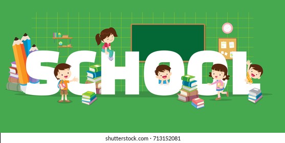 School concept illustration. Students Boy and Girl Reading and learning various actions with elements ,Books, chalk board around big Letter.