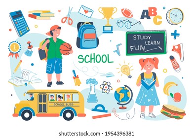 School concept isolated elements set. Bundle of schoolchildren study, girl reads book, boy with backpack holds ball, school bus, chalkboard, stationery. Vector illustration in flat cartoon design