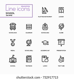 School concept - line design icons set. Educational theme. Plotting instrument, locker, bus, calendar, bag, globe, medal, bell, academic hat, presentation, textbook, lunch, test tube