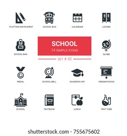 School concept - line design icons set. Educational theme. Plotting instrument, locker, bus, calendar, bag, globe, medal, bell, academic hat, presentation, textbook, lunch, test tube