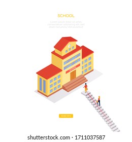School concept - modern isometric vector web banner on white background with copy space for text. An illustration with students going to the lesson, image of the building. Learning, education theme