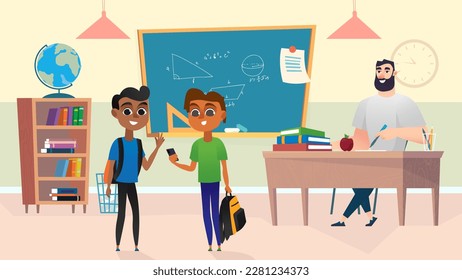 School concept with people scene in the background cartoon style. Two friends came to the teacher for additional lessons at school. Vector illustration.