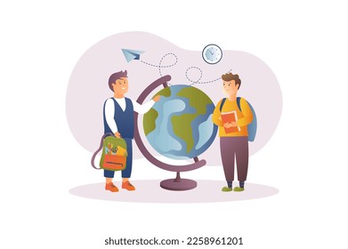 School concept with people scene in the flat cartoon design. Two students are going to a geography lesson. Vector illustration.