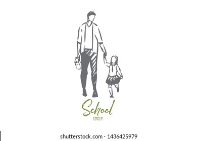 School Concept Sketch. Father Taking Daughter To Lessons. Cute Family, Parenthood Moment. Parenting Activities For Whole Family. Cute Small Child In Uniform. Isolated Vector Illustration