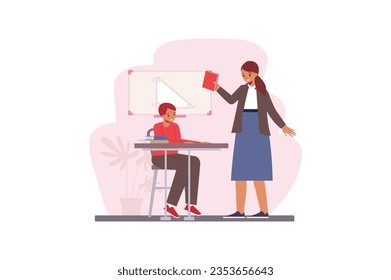 School concept teacher with people scene in the flat cartoon design. The student listens carefully to the teacher's explanation during the individual lesson at school. Vector illustration.