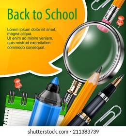 School concept with text in speech bubble and stationery, vector illustration