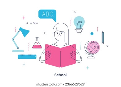 School concept thin line vector illustration. Elementary schoolgirl reading ABC. Little student doing homework cartoon composition for web design. Creative idea for website, mobile, presentation