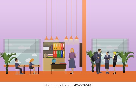 School concept vector banner. School interior, pupils studying in classroom, teachers.