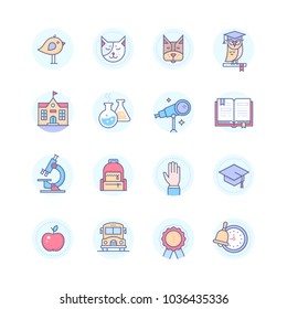 School concepts - modern line design style icons set in blue round frame. Cat, dog, bird, owl in an academic hat, building, flasks, book, microscope, bag, apple, bus, badge, bell