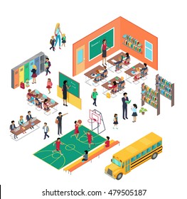 School conceptual vector in isometric projection. 3d illustrations of school premises with pupils and teachers. Classes, library, corridor,  gym, school bus. For education concept, infographic, games 