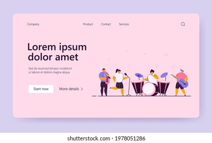 School concert vector illustration. Diverse band of teenage musicians playing instruments, children singing on stage. For talent show, musical festival, school party concept
