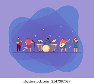 Ilustração vetorial de concerto escolar. Banda diversa de músicos adolescentes tocando instrumentos, crianças cantando no palco. Para show de talentos, festival musical, conceito de festa escolar