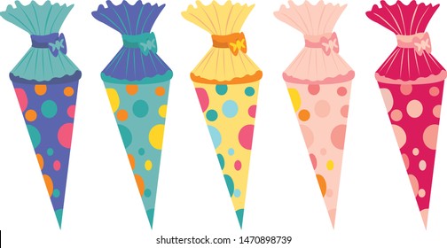 School cone vector - colored on white, isolated background, decorated with dots 