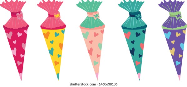 School cone vector illustration decorated with hearts, colorful