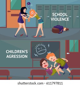 School conflicts horizontal banners with aggressions quarrels disagreements and fights between children vector illustration