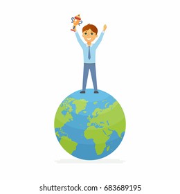 Ganador del concurso escolar - ilustración de personaje de personas de Vector moderno de niño feliz de pie en el globo terráqueo, sosteniendo una taza. Estudiantes representan en línea, estudio internacional, competencia de geografía, concurso