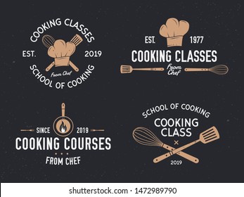 School of Cooking badges set. Vintage labels and emblems for culinary school, food studio, cooking courses. Vector illustration