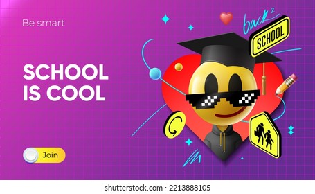 School is cool. Back to school web banner with emoji smiling face in graduation hat and social media icons. Online education, digital learning. Vector image