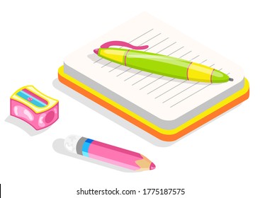 School copybook or diary, stationery supplies isolated object vector. Notebook and sharpener, pencil and pen class or lesson item, drawing or writing. Back to school concept. Flat cartoon isometric 3d