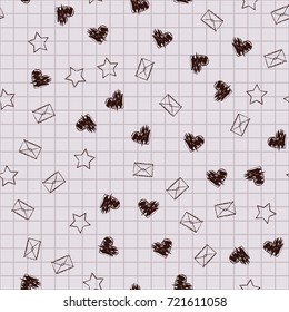 School copybook pattern. Hearts, envelopes, stars on squared backdrop. Seamless vector background