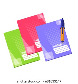 School copybooks in three colors and pen on white background, set for school children, sale of stationery