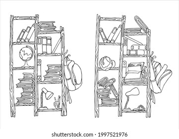 School corner. Bookcases. Order and disorder on the shelves. Coloring. Vector illustration