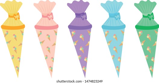 School cornet vector - ice cream pattern in different colors, yellow, rosa, green, blue, violet, isolated on white background