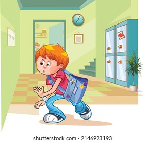 School corridor. The boy hurries to the lesson. The student is in the hallway. The boy is running. Blue briefcase. Red hair.