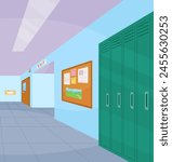 School corridor. Bright college interior of big hallway with doors classroom with desks without kids vector cartoon picture