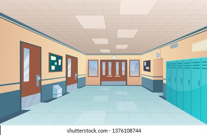 School Corridor. Bright College Interior Of Big Hallway With Doors Classroom With Desks Without Kids Vector Cartoon Picture