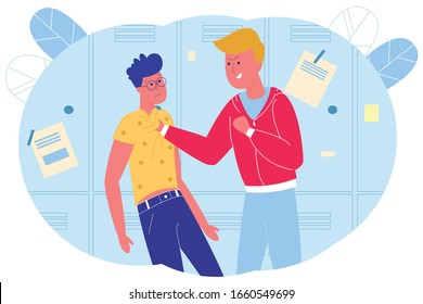 In School Corridor Bully Mocks Four-eyes Classmate. Stronger Boy Pressed his Classmate to Lockers and Holds him by Turn his Shirt. Student Distracted and does not Try to Escape, Vector Illustration.