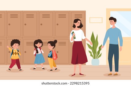 School corridor concept. Boys and girls in front of lockers with school supplies. Education and training, lessons. Group of pupils near classroom. Cartoon flat vector illustration