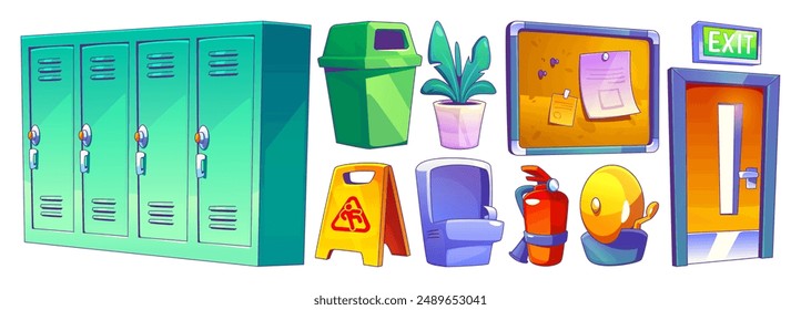 School corridor design elements set isolated on white background. Contemporary vector cartoon illustration of metal lockers, classroom door, waste bin, drinking water fountain, announcement board