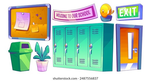 School corridor elements in cartoon style. Vector set of college hallway entrance door and exit sign, welcome banner and lockers, wall board with bulletin notes and bell, trash bin and plant in pot.