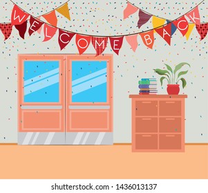 school corridor with garlands hanging