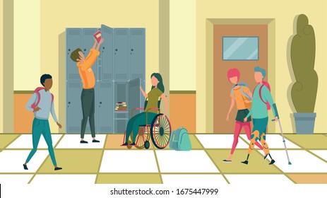 School Corridor. Girl in Wheelchair and Her Classmate by Blue Metal Lockers. Teenager with Pink Hair Walking Along Hall, Talking to Friend with Artificial Limb. Afro Kid with Backpack. Break Time.