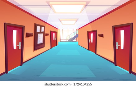 School corridor, hallway of college or university. Empty interior with closed doors, timetable board, floor-to-ceiling window, stairs perspective view. Educational campus, cartoon vector illustration